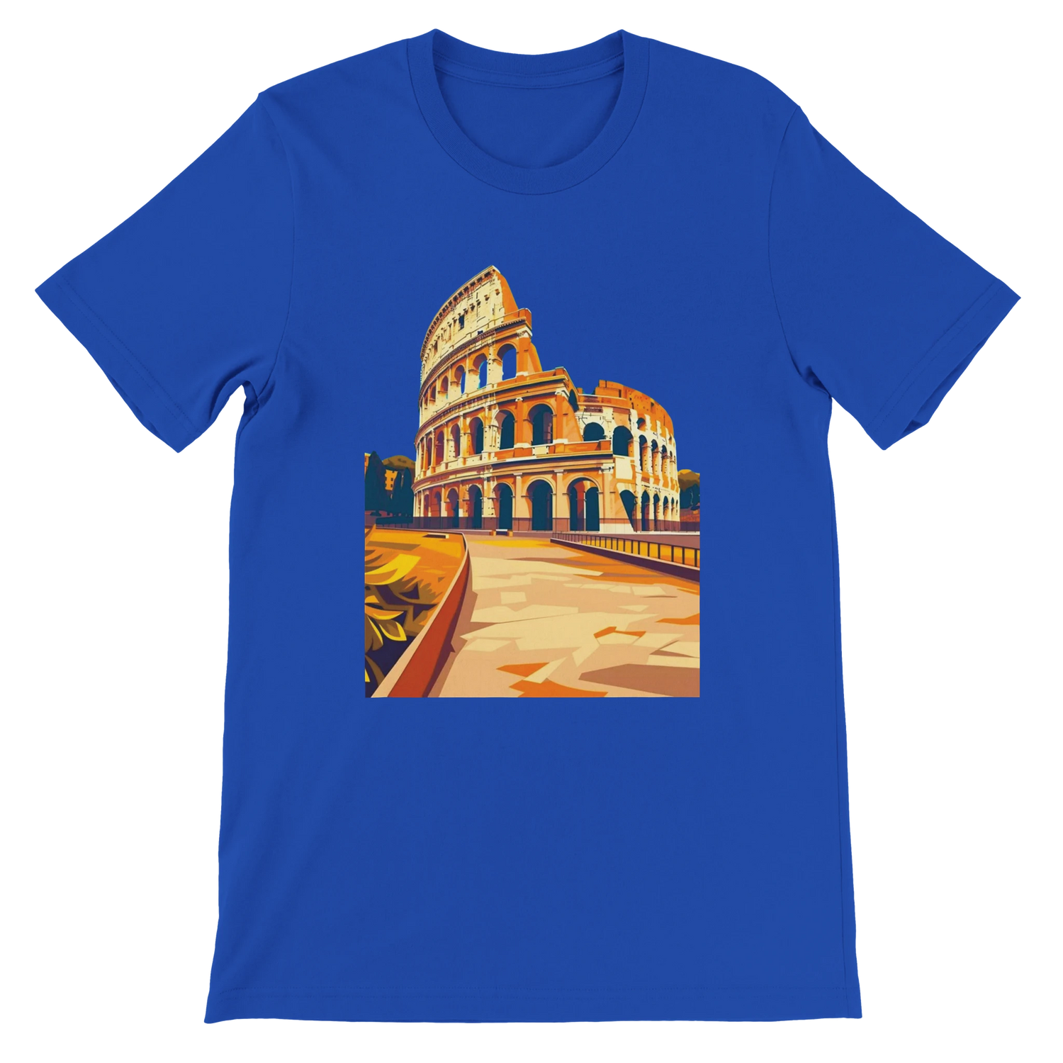 True royal Rome Colosseum art t-shirt with vibrant animated landmark print on eco friendly cotton. Unisex travel clothing for Italy fans and Roman history enthusiasts. Comfortable street style apparel for vacations and casual wear.