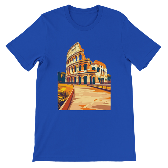 True royal Rome Colosseum art t-shirt with vibrant animated landmark print on eco friendly cotton. Unisex travel clothing for Italy fans and Roman history enthusiasts. Comfortable street style apparel for vacations and casual wear.