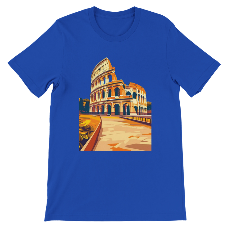 True royal Rome Colosseum art t-shirt with vibrant animated landmark print on eco friendly cotton. Unisex travel clothing for Italy fans and Roman history enthusiasts. Comfortable street style apparel for vacations and casual wear.