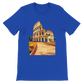 True royal Rome Colosseum art t-shirt with vibrant animated landmark print on eco friendly cotton. Unisex travel clothing for Italy fans and Roman history enthusiasts. Comfortable street style apparel for vacations and casual wear.