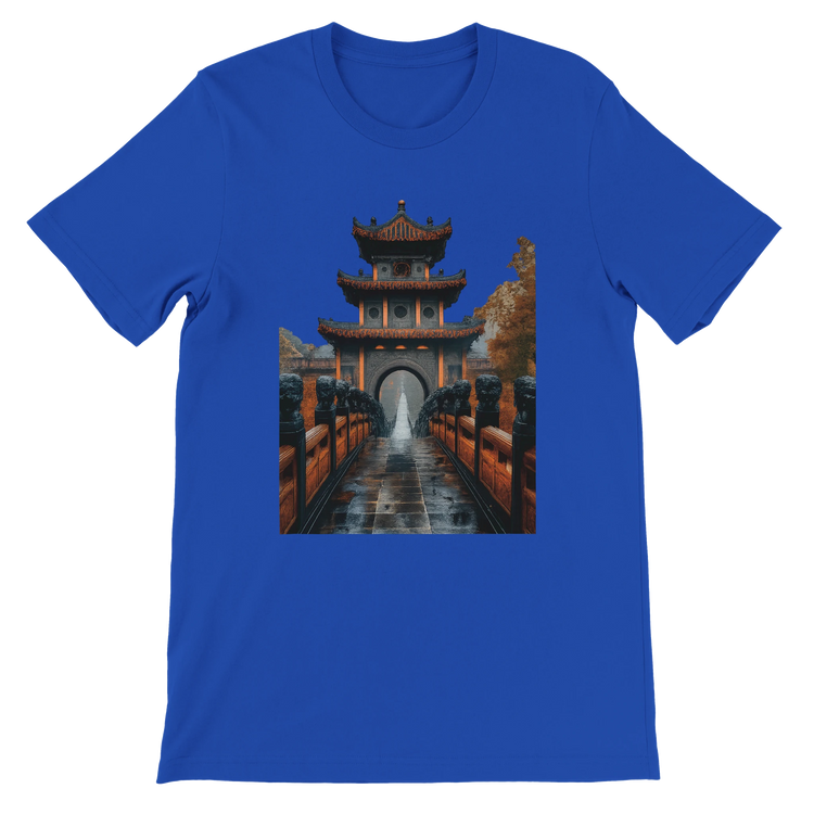 True royal blue Ancient Chinese Mega Bridge animated style graphic tee featuring bold colorful landmark artwork high quality DTG print on soft breathable cotton ideal for world traveler outfits and modern urban streetwear fashion
