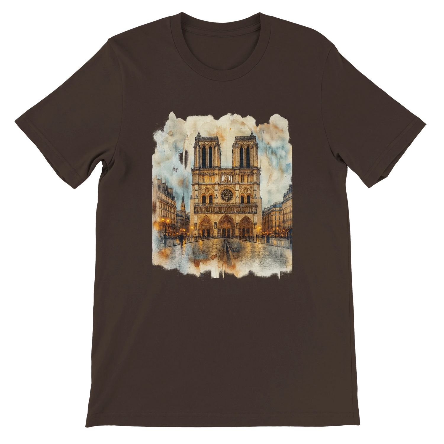 Brown Paris Notre Dame Cathedral cultural landmark graphic t shirt with animated design. Comfortable cotton streetwear top with premium DTG print for travel fashion, urban style, and cultural pride.