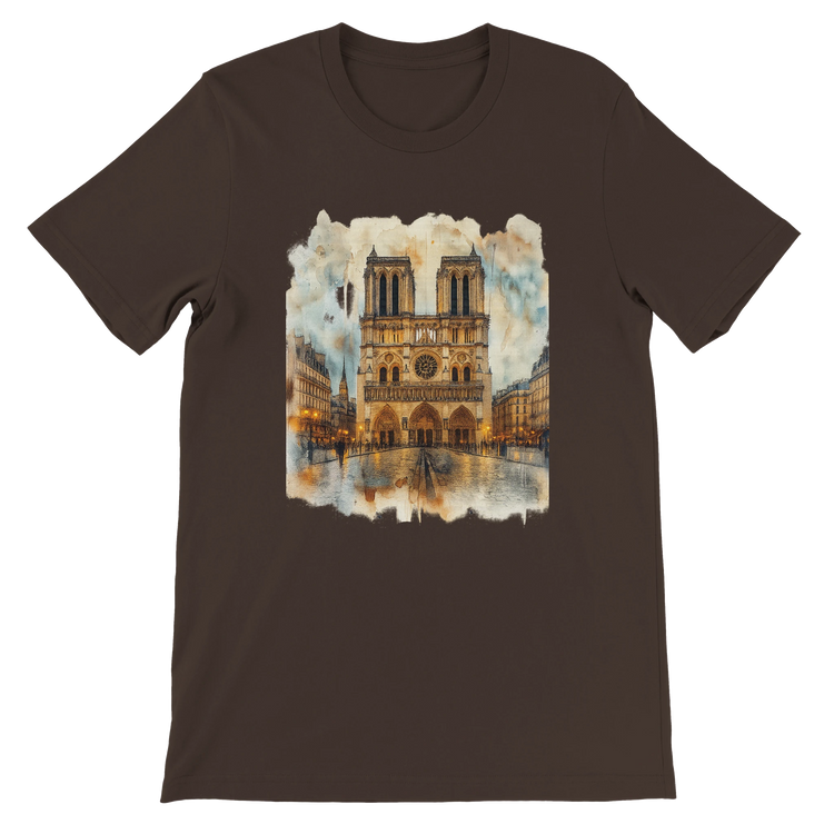 Brown Paris Notre Dame Cathedral cultural landmark graphic t shirt with animated design. Comfortable cotton streetwear top with premium DTG print for travel fashion, urban style, and cultural pride.