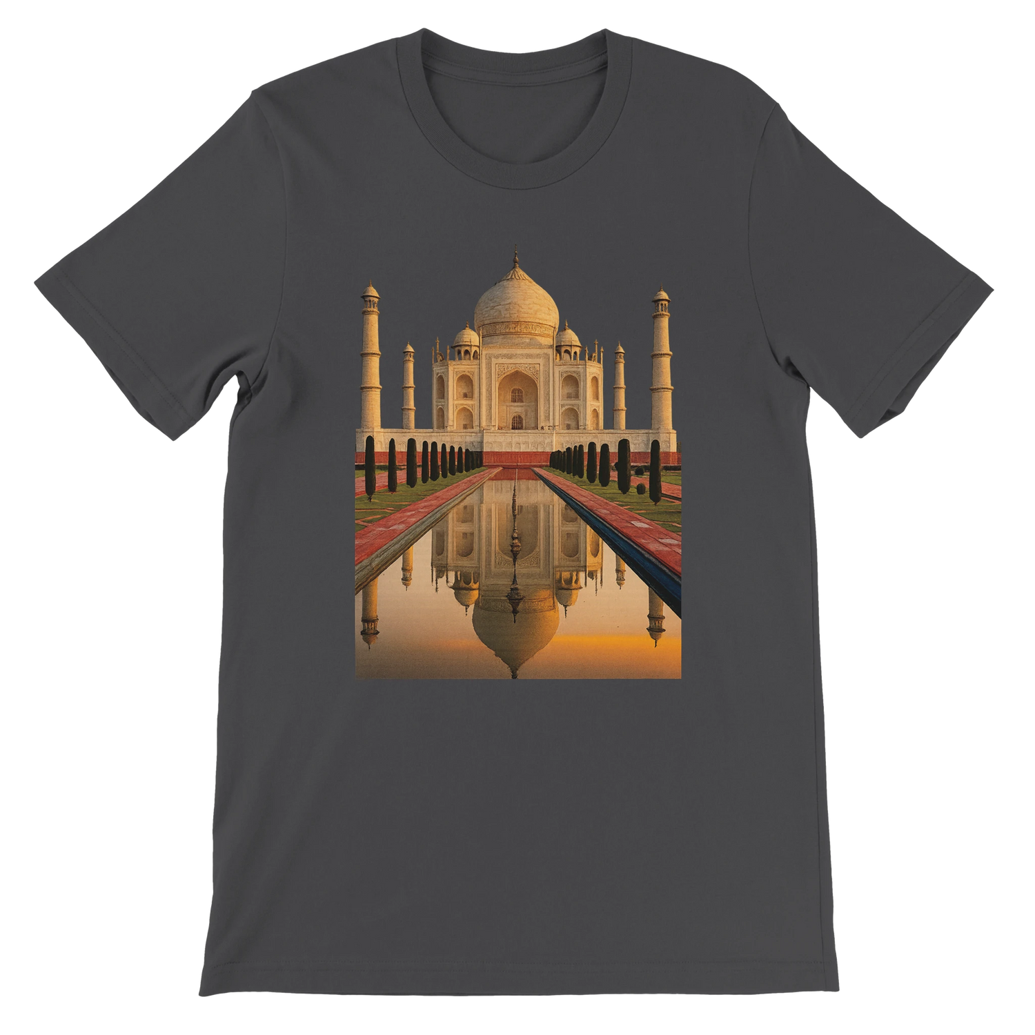 Dark grey animated Taj Mahal t-shirt made from premium combed cotton. DTG friendly print with bold global art design. Streetwear-ready, unisex styling perfect for architecture lovers, travelers, and fans of animated landmarks.