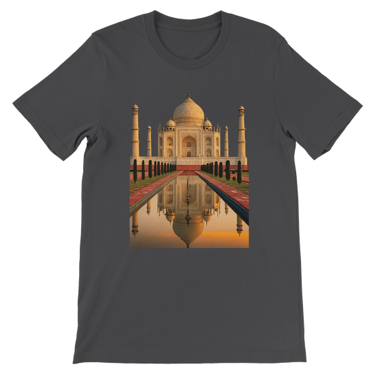 Dark grey animated Taj Mahal t-shirt made from premium combed cotton. DTG friendly print with bold global art design. Streetwear-ready, unisex styling perfect for architecture lovers, travelers, and fans of animated landmarks.