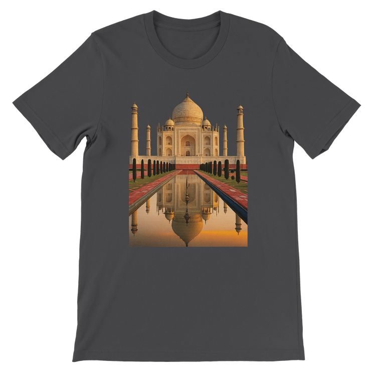Dark grey animated Taj Mahal t-shirt made from premium combed cotton. DTG friendly print with bold global art design. Streetwear-ready, unisex styling perfect for architecture lovers, travelers, and fans of animated landmarks.