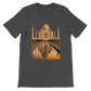 Dark grey animated Taj Mahal t-shirt made from premium combed cotton. DTG friendly print with bold global art design. Streetwear-ready, unisex styling perfect for architecture lovers, travelers, and fans of animated landmarks.