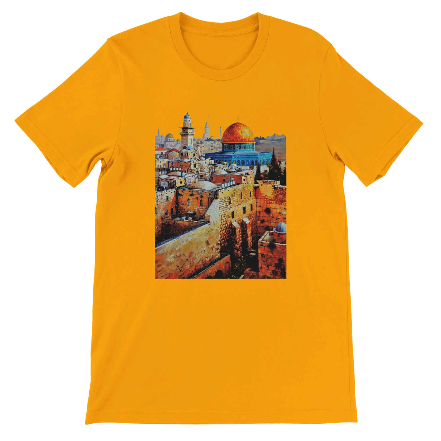 Gold Al Aqsa Mosque animated city landmark T-shirt made with eco friendly premium cotton fabric. Modern unisex travel tee with vibrant print for Islamic culture lovers urban fashion wearers and global heritage enthusiasts.