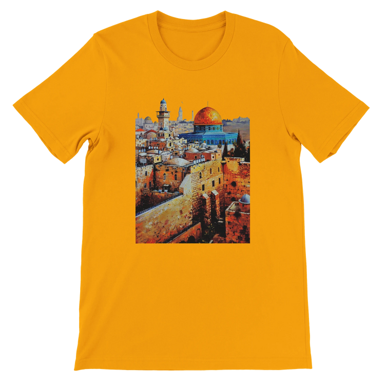 Gold Al Aqsa Mosque animated city landmark T-shirt made with eco friendly premium cotton fabric. Modern unisex travel tee with vibrant print for Islamic culture lovers urban fashion wearers and global heritage enthusiasts.