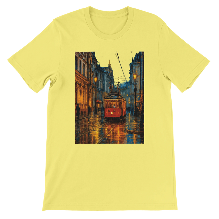 Yellow premium unisex cotton t-shirt with colorful animated Taksim Street Istanbul Turkey travel print perfect for vibrant streetwear outfits global landmark fashion and stylish DTG printed apparel for travelers