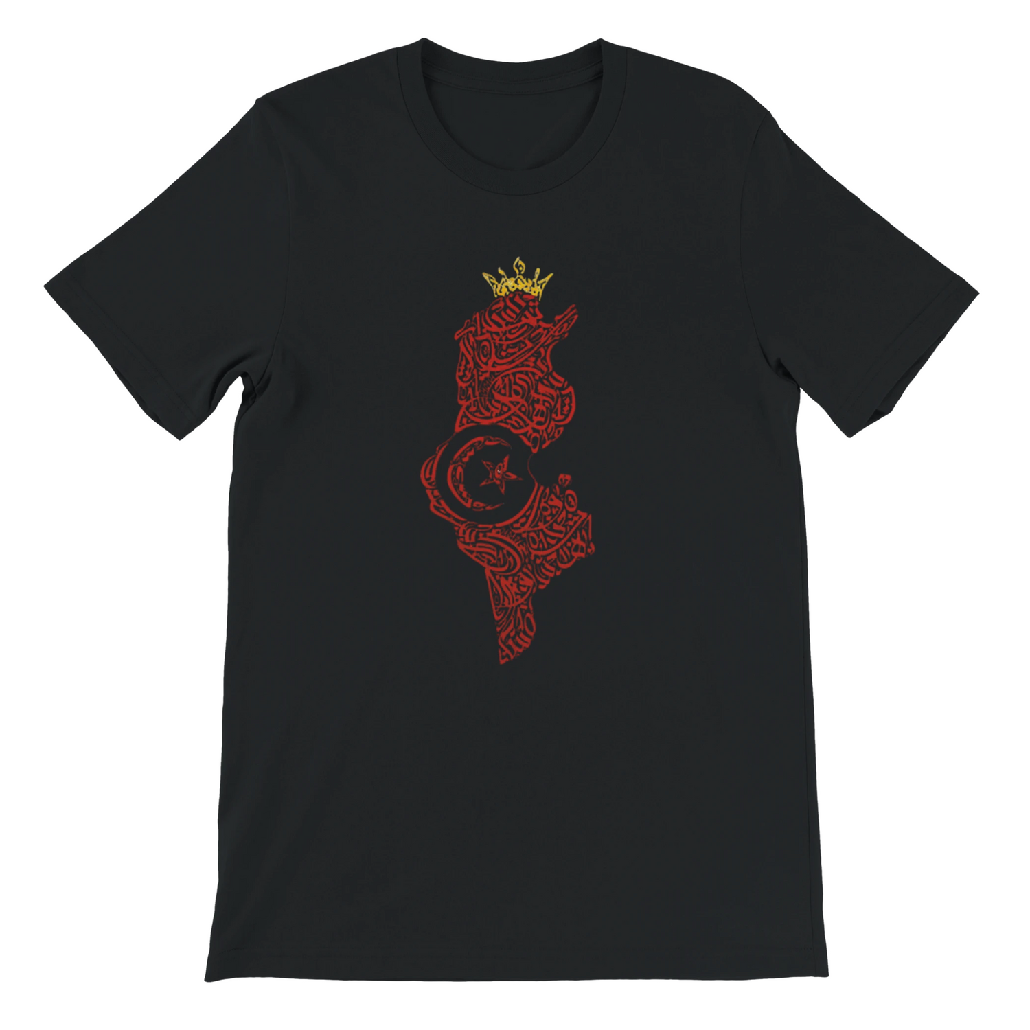 Black Tunisia Map t-shirt with Arabic calligraphy print for bold identity fashion. A high-quality streetwear shirt made from Airlume cotton and designed for DTG printing. Best Arabic art tee for cultural style, fashion-forward outfits, and modern minimalist looks.