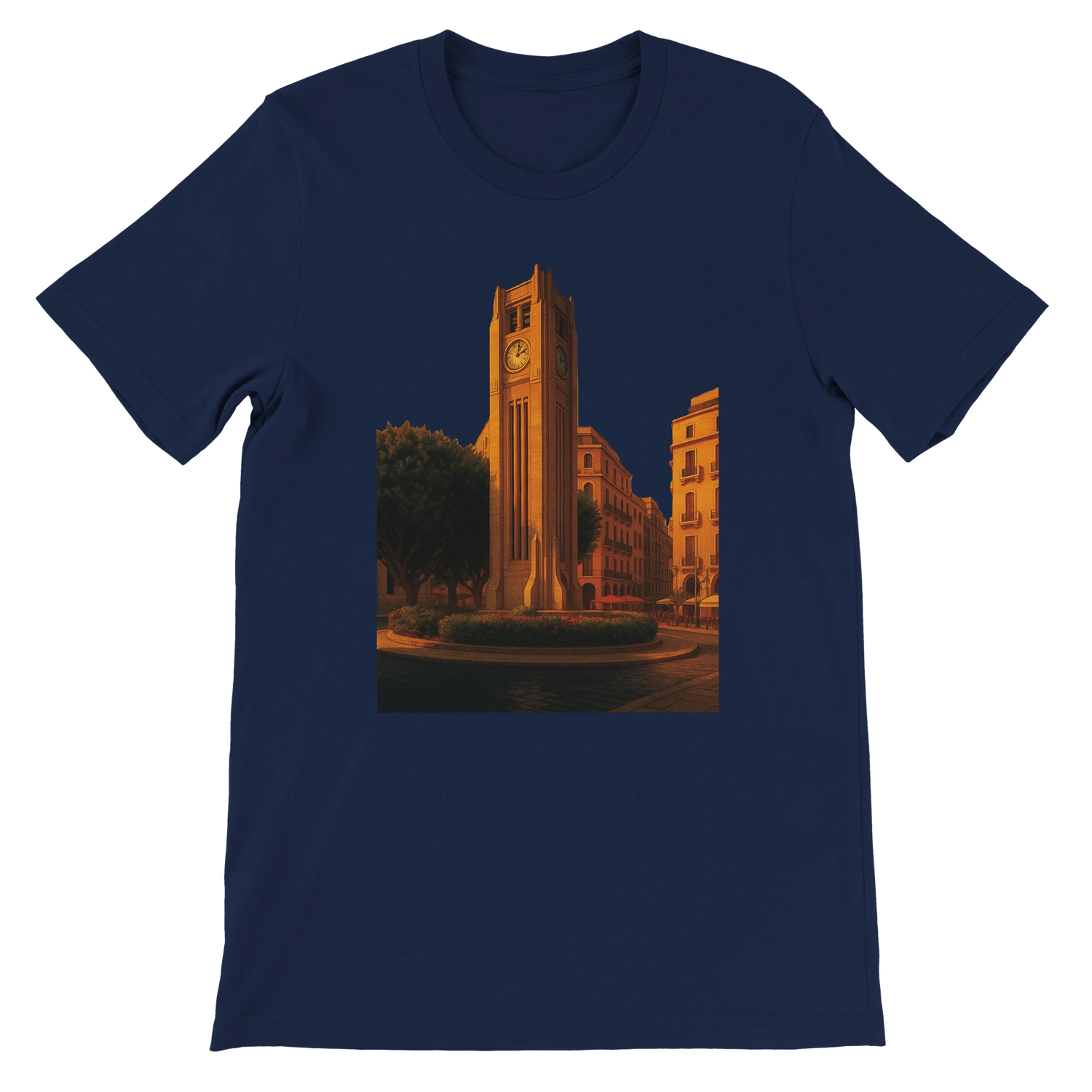 Navy Beirut animated landmark t-shirt with Solidere Square city design printed in high definition DTG colors on premium cotton for stylish streetwear travel inspired looks and culture enthusiasts