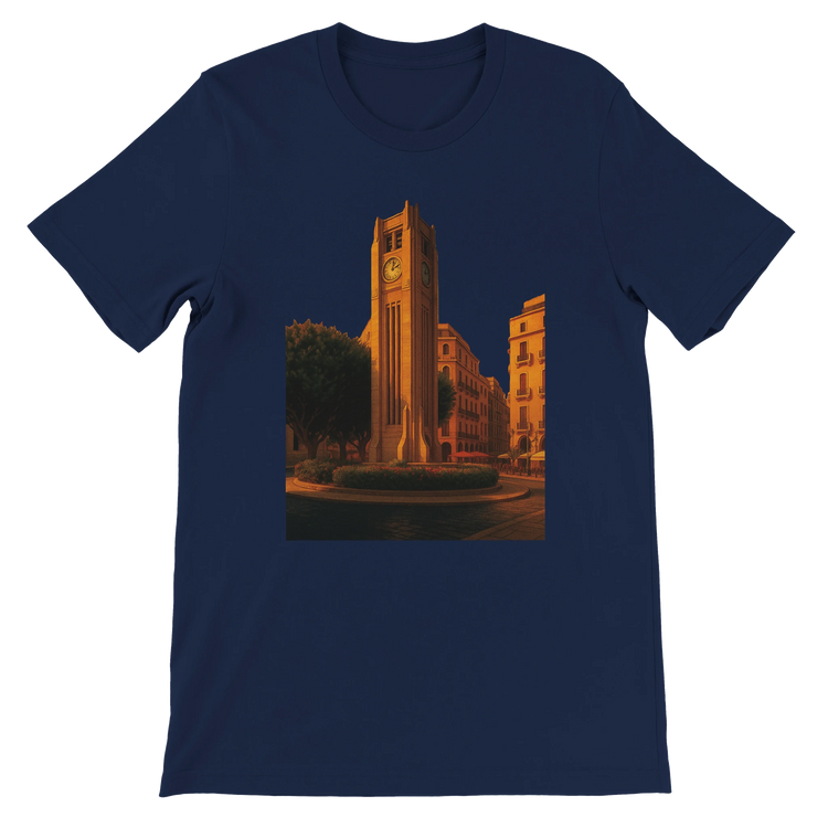 Navy Beirut animated landmark t-shirt with Solidere Square city design printed in high definition DTG colors on premium cotton for stylish streetwear travel inspired looks and culture enthusiasts