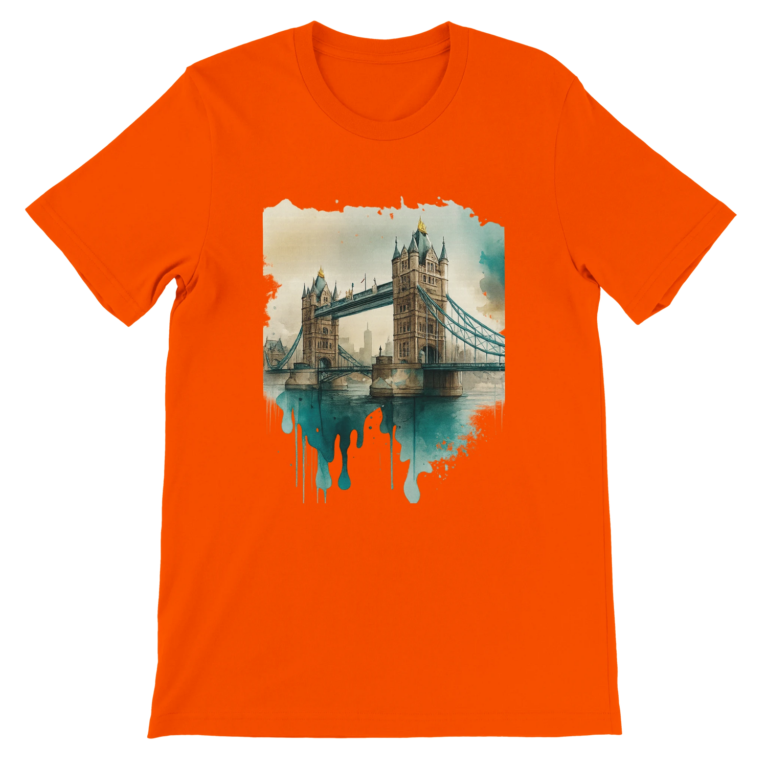 Orange Tower Bridge cityscape t-shirt with animated London landmark design – trendy graphic tee made for modern travelers and dreamers. Soft cotton fabric, ideal for direct-to-garment printing and streetwear fashion collections.