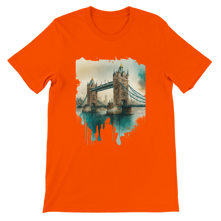 Orange Tower Bridge cityscape t-shirt with animated London landmark design – trendy graphic tee made for modern travelers and dreamers. Soft cotton fabric, ideal for direct-to-garment printing and streetwear fashion collections.