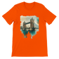 Orange Tower Bridge cityscape t-shirt with animated London landmark design – trendy graphic tee made for modern travelers and dreamers. Soft cotton fabric, ideal for direct-to-garment printing and streetwear fashion collections.