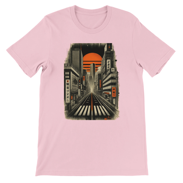 Pink Tokyo Nights animated t shirt with colorful neon cityscape and Japanese inspired streetwear look soft breathable cotton eco friendly print on demand travel fashion perfect for anime fans and modern urban style outfits