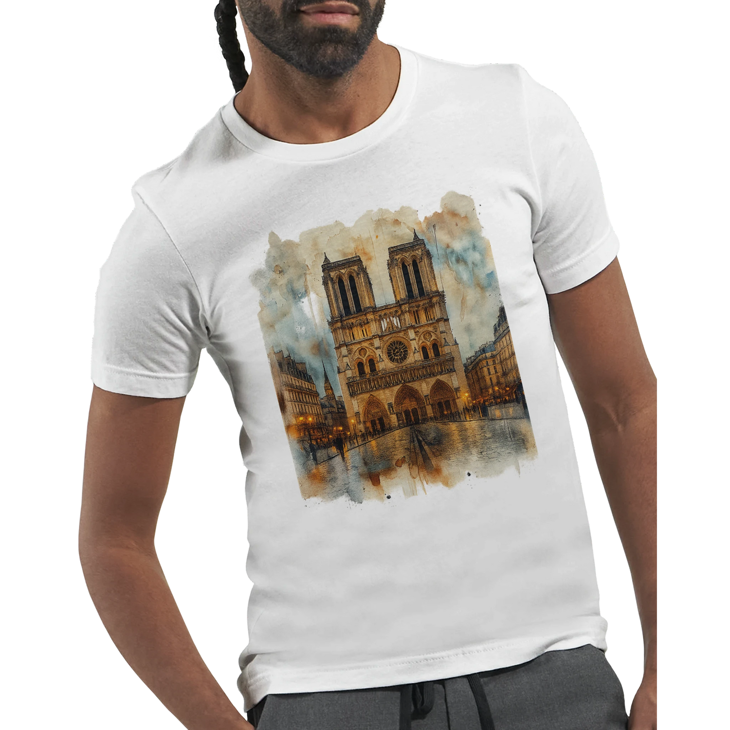 Paris Notre Dame Cathedral illustration t shirt with colorful animated landmark art. Trendy unisex travel inspired graphic tee made from soft premium cotton for street style fashion lovers and global culture enthusiasts.