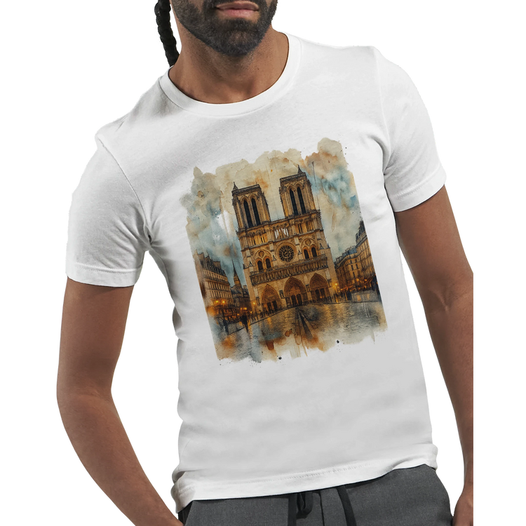 Paris Notre Dame Cathedral illustration t shirt with colorful animated landmark art. Trendy unisex travel inspired graphic tee made from soft premium cotton for street style fashion lovers and global culture enthusiasts.