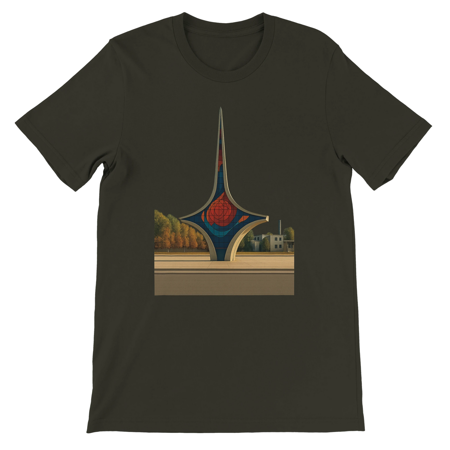Dark Olive Umawyeen Damascus Sword Animated Style T Shirt with historic sword animated design premium cotton unisex travel fashion tee for cultural streetwear lovers and heritage inspired fashion fans