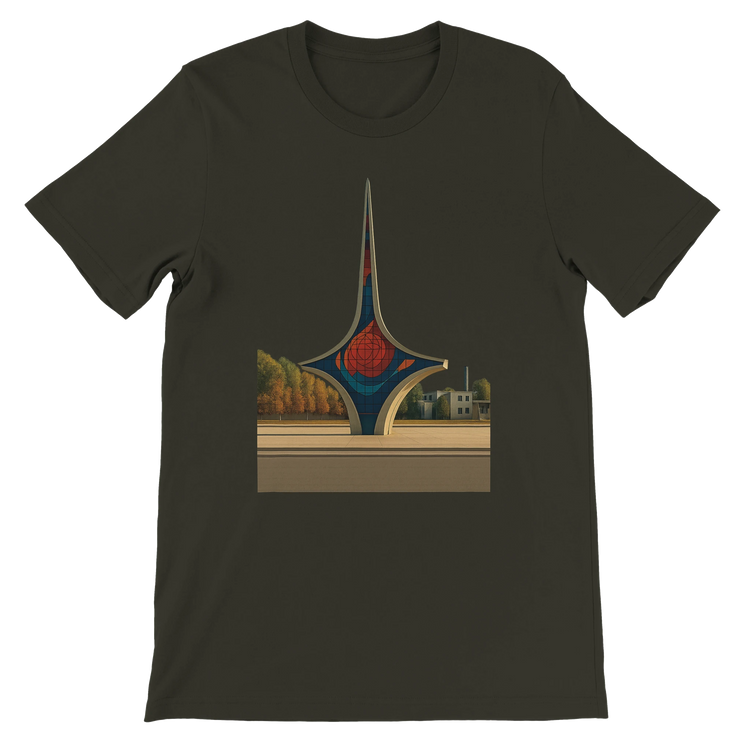 Dark Olive Umawyeen Damascus Sword Animated Style T Shirt with historic sword animated design premium cotton unisex travel fashion tee for cultural streetwear lovers and heritage inspired fashion fans