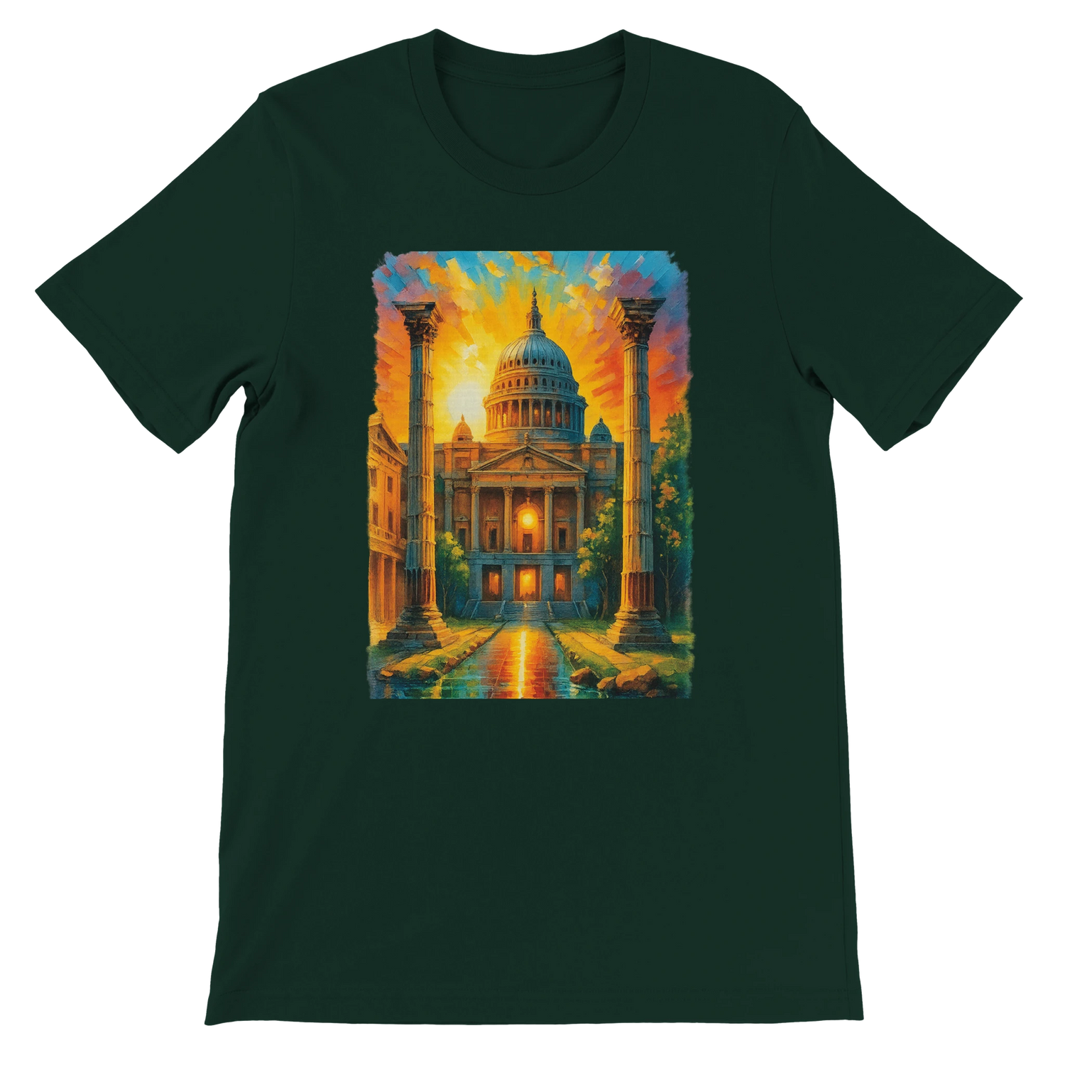 Forest green London graphic tee with animated St. Paul’s Cathedral design. DTG-optimized cotton shirt for streetwear, travel culture, and artistic fashion lovers. Breathable, durable, and crafted for style and comfort.