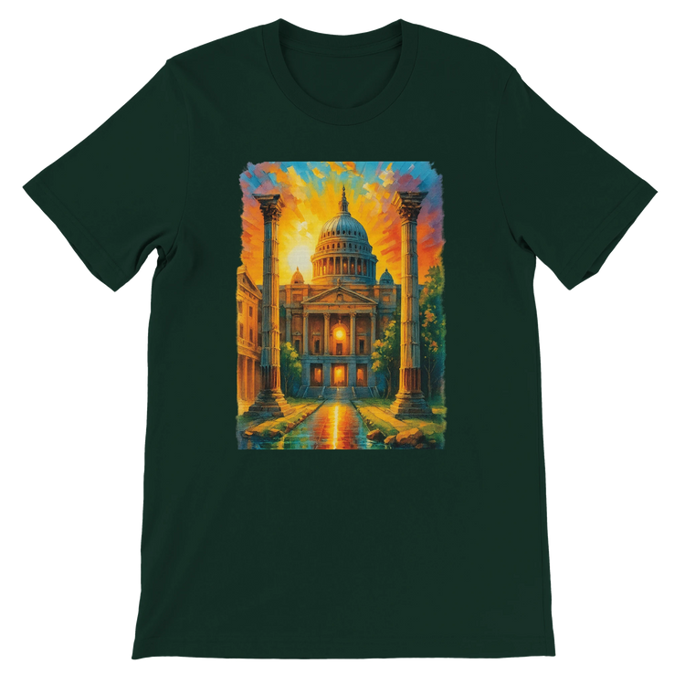 Forest green London graphic tee with animated St. Paul’s Cathedral design. DTG-optimized cotton shirt for streetwear, travel culture, and artistic fashion lovers. Breathable, durable, and crafted for style and comfort.