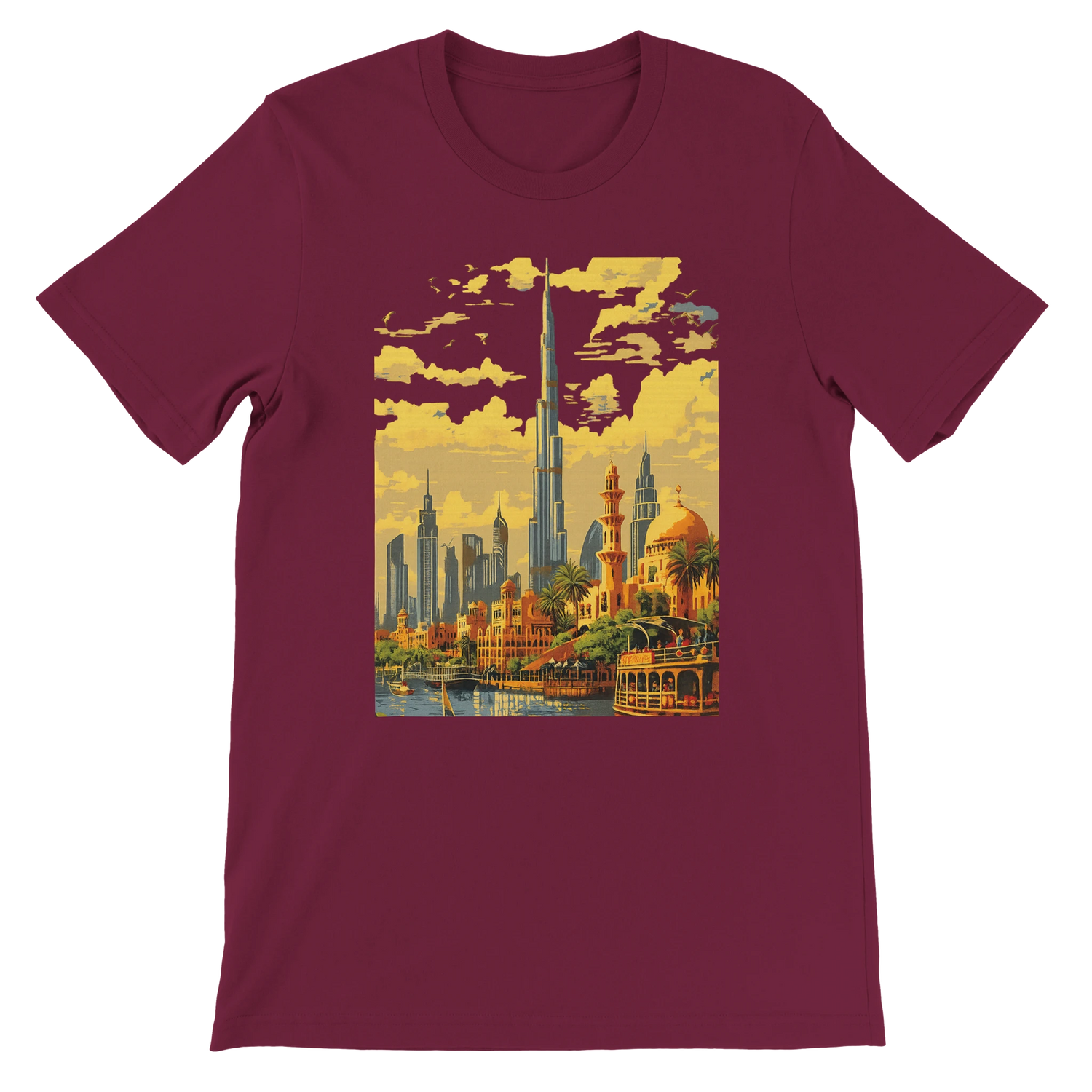 Maroon Burj Khalifa Dubai animated cityscape t shirt with bold architectural artwork for travel fashion fans architecture admirers and streetwear enthusiasts high quality cotton tee suitable for print on demand style collections and everyday wear