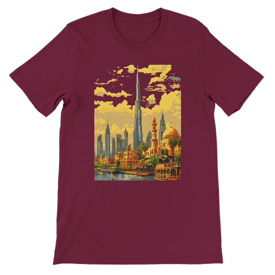 Maroon Burj Khalifa Dubai animated cityscape t shirt with bold architectural artwork for travel fashion fans architecture admirers and streetwear enthusiasts high quality cotton tee suitable for print on demand style collections and everyday wear
