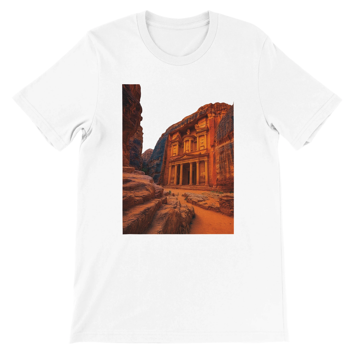 White Petra in Jordan Animated Style t shirt featuring bold colorful landmark design soft premium cotton fabric perfect for travel lovers cultural fashion streetwear enthusiasts and print on demand clothing collections