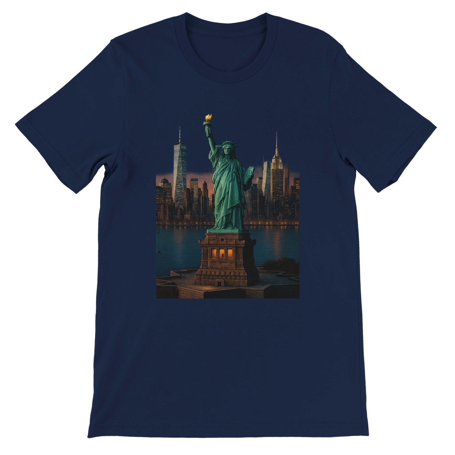 Navy blue Statue of Liberty animated style graphic t-shirt with bold landmark artwork. Premium cotton tee for streetwear travel enthusiasts and New York City lovers.