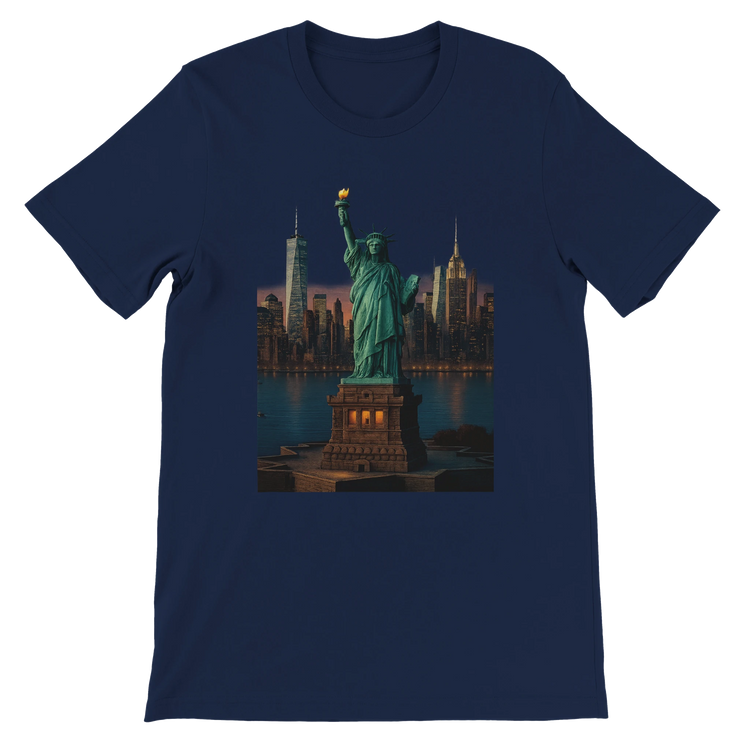 Navy blue Statue of Liberty animated style graphic t-shirt with bold landmark artwork. Premium cotton tee for streetwear travel enthusiasts and New York City lovers.