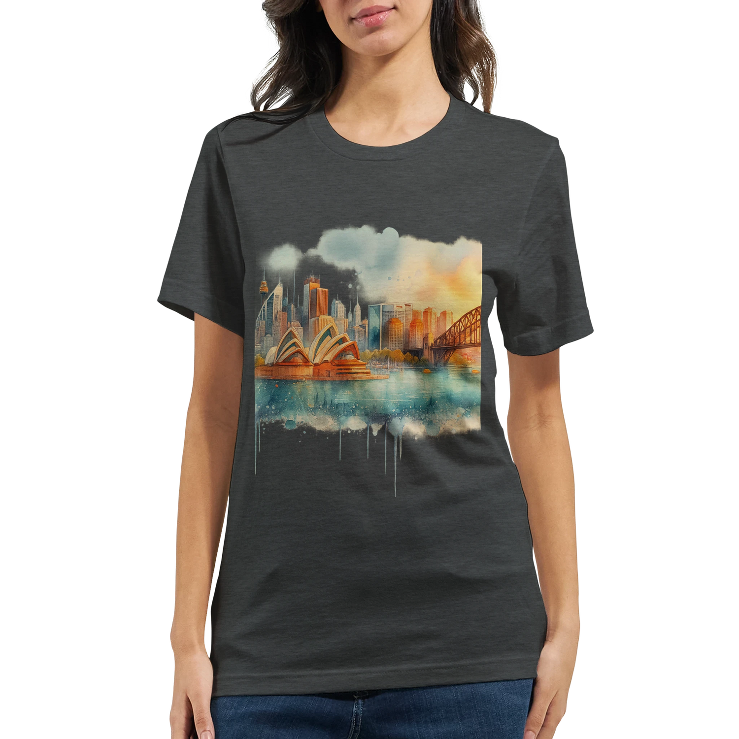 Travel-inspired unisex t-shirt with colorful digital illustration of Sydney landmarks. Lightweight cotton tee for digital nomads, backpackers, and graphic design lovers who wear their love for global cities and cultural vibes.