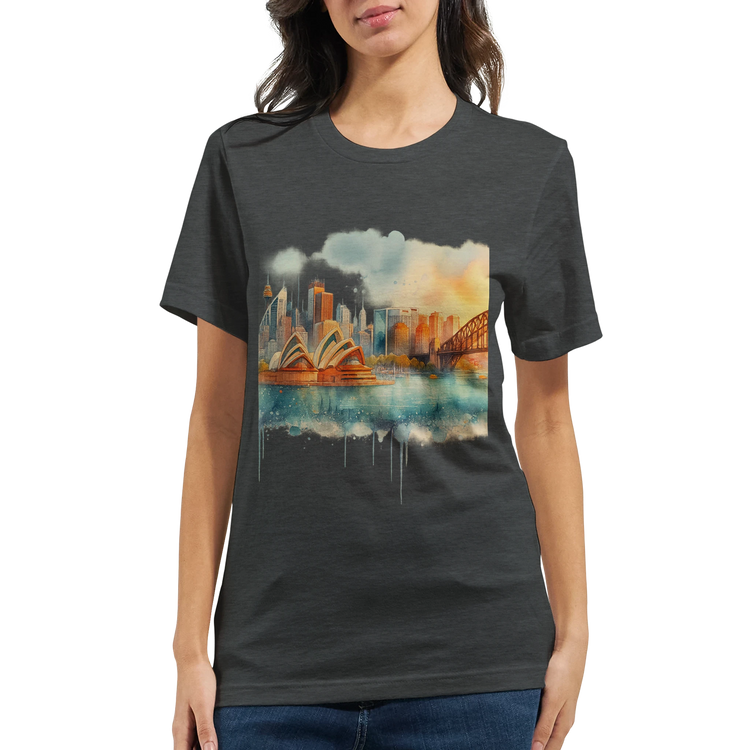 Travel-inspired unisex t-shirt with colorful digital illustration of Sydney landmarks. Lightweight cotton tee for digital nomads, backpackers, and graphic design lovers who wear their love for global cities and cultural vibes.