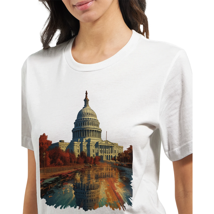 Unisex DTG-ready graphic t-shirt featuring animated White House artwork from Washington DC. Soft cotton streetwear tee ideal for travelers, digital nomads, and fans of modern cityscape fashion.
