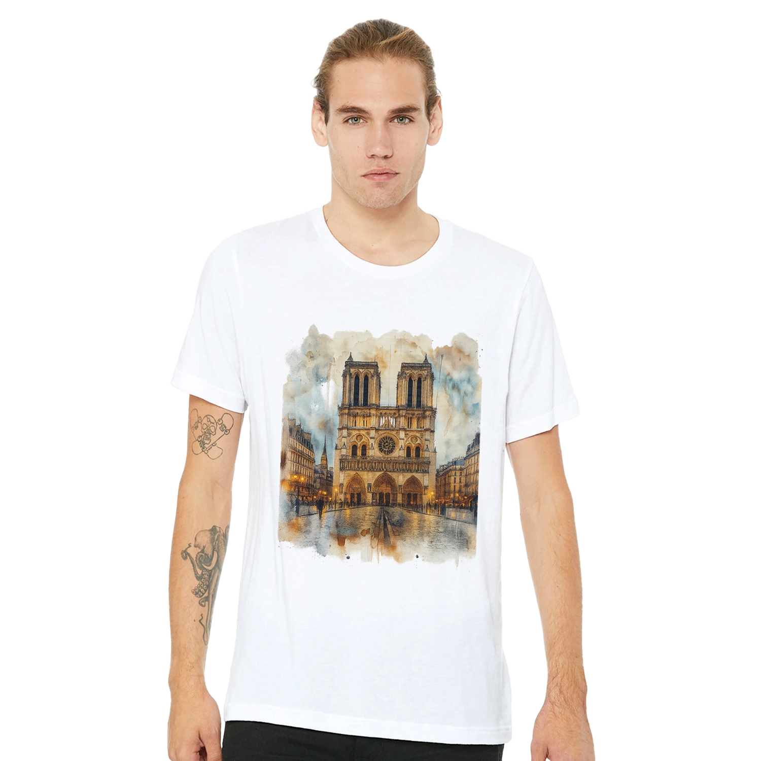 Notre Dame Cathedral Paris France travel art t shirt featuring vibrant animated city design. Lightweight cotton tee for streetwear outfits, urban explorers, and cultural fashion fans.