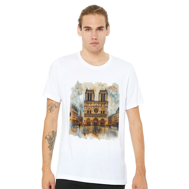 Notre Dame Cathedral Paris France travel art t shirt featuring vibrant animated city design. Lightweight cotton tee for streetwear outfits, urban explorers, and cultural fashion fans.