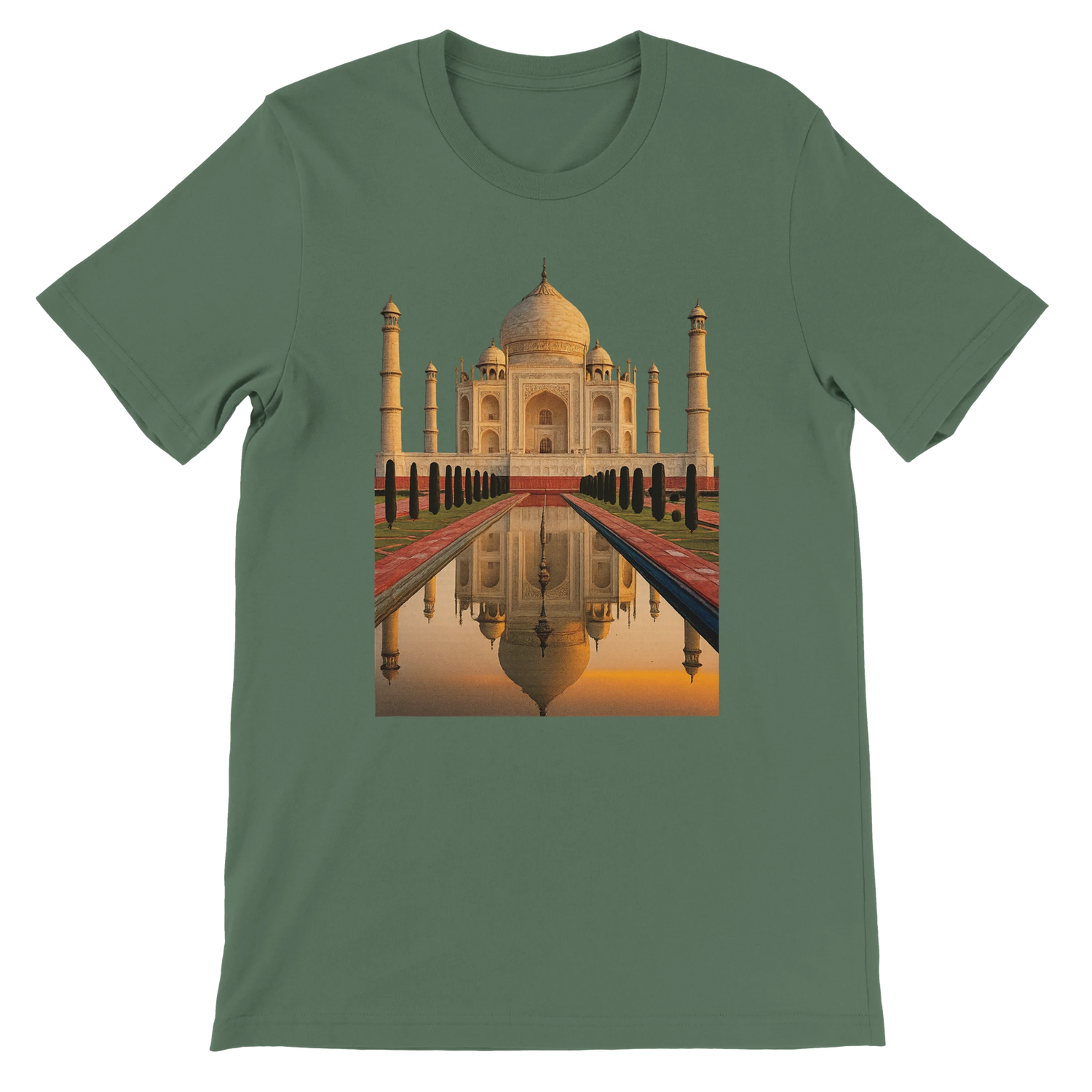 Military green cotton t-shirt with colorful animated Taj Mahal graphic. Street-style fashion meets heritage architecture on this DTG ready soft-fit tee. Sustainable and breathable for everyday wear. Great for travel, culture, and bold expression.