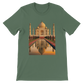 Military green cotton t-shirt with colorful animated Taj Mahal graphic. Street-style fashion meets heritage architecture on this DTG ready soft-fit tee. Sustainable and breathable for everyday wear. Great for travel, culture, and bold expression.