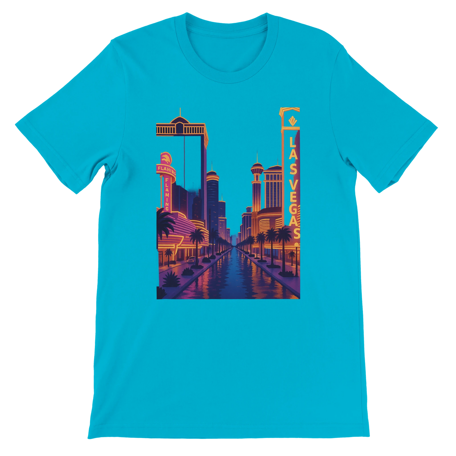 Turquoise Las Vegas City Animated Style graphic tee with bold animated skyline art inspired by the lights and landmarks of Las Vegas. Comfortable eco-friendly cotton shirt for street style fans travelers and city culture lovers.