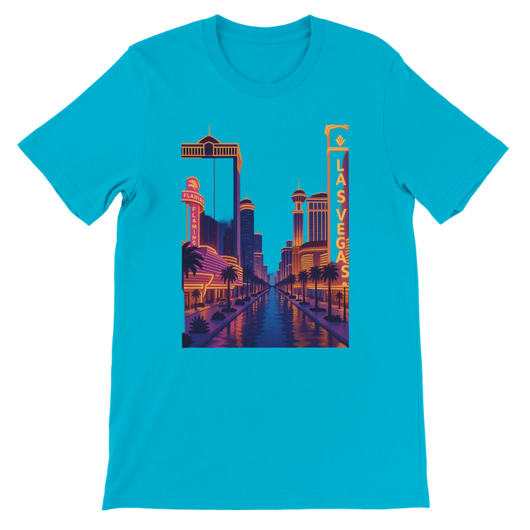 Turquoise Las Vegas City Animated Style graphic tee with bold animated skyline art inspired by the lights and landmarks of Las Vegas. Comfortable eco-friendly cotton shirt for street style fans travelers and city culture lovers.