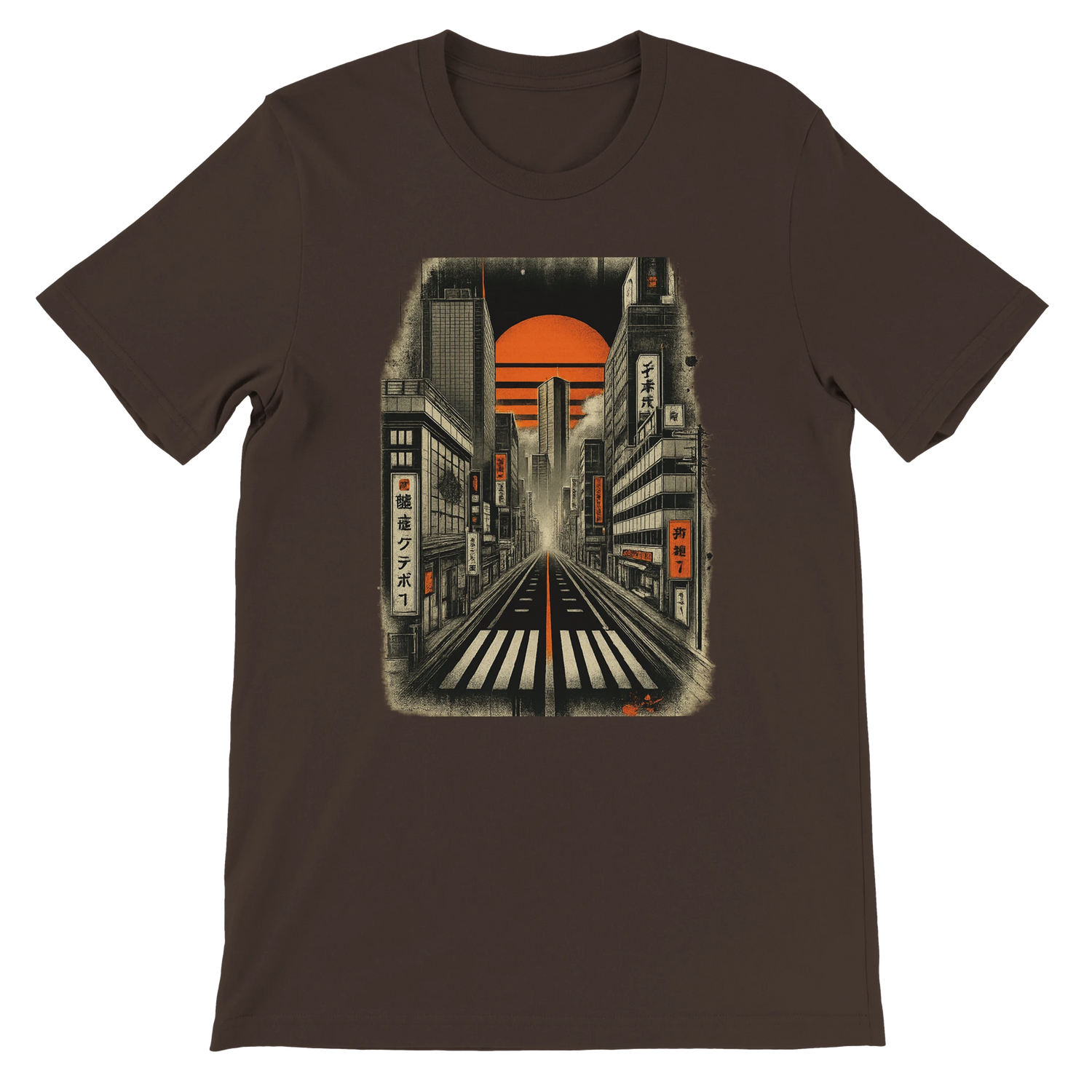 Brown Tokyo Nights animated t shirt with neon Japanese skyline artwork stylish and soft cotton unisex shirt eco friendly DTG printed perfect for urban fashion anime enthusiasts and print on demand travelers clothing collections