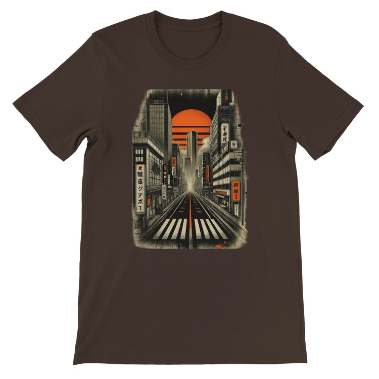 Brown Tokyo Nights animated t shirt with neon Japanese skyline artwork stylish and soft cotton unisex shirt eco friendly DTG printed perfect for urban fashion anime enthusiasts and print on demand travelers clothing collections