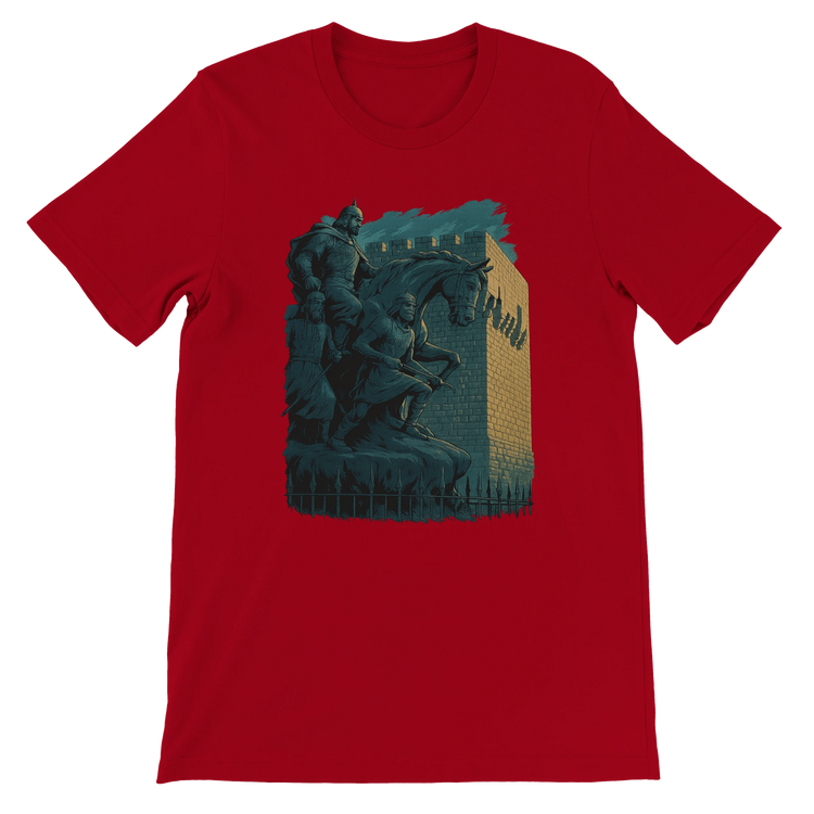 Bold red graphic t-shirt with artistic animated Salah Al Din statue from Damascus Syria. Travel fashion meets heritage storytelling in this streetwear ready, eco-friendly, soft cotton tee. Ideal for expressive DTG printed outfits.