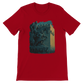 Bold red graphic t-shirt with artistic animated Salah Al Din statue from Damascus Syria. Travel fashion meets heritage storytelling in this streetwear ready, eco-friendly, soft cotton tee. Ideal for expressive DTG printed outfits.