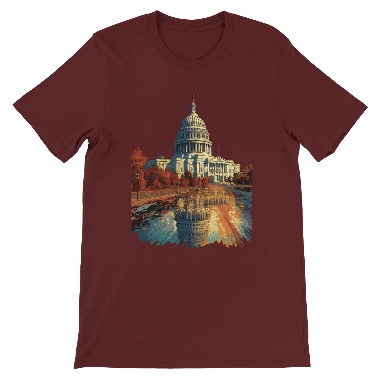 Heather maroon tee with animated White House print for a Washington DC-inspired streetwear look. DTG-optimized shirt for travel influencers, culture seekers, and city fashion fans.
