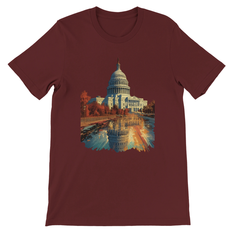 Heather maroon tee with animated White House print for a Washington DC-inspired streetwear look. DTG-optimized shirt for travel influencers, culture seekers, and city fashion fans.