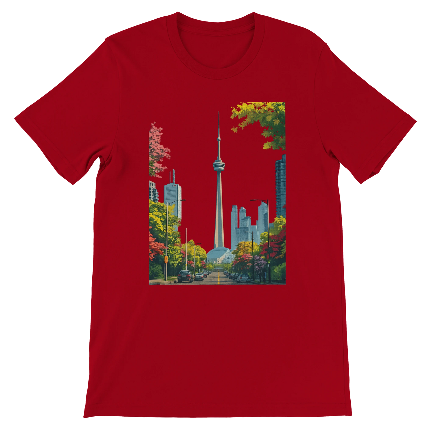 Red Toronto skyline t shirt with animated CN Tower graphic and vibrant city illustration. Perfect for explorers and urban style fans who appreciate unique travel inspired streetwear. Soft breathable unisex tee crafted for comfort and premium DTG printing.