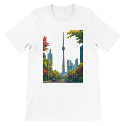 White Toronto Skyline t shirt featuring animated CN Tower graphic with vibrant cityscape art in a soft premium cotton unisex fit. Stylish travel inspired streetwear top for urban fashion lovers and world landmark enthusiasts. Perfect eco friendly DTG printed tee for casual everyday outfits and global culture expression.