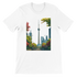 White Toronto Skyline t shirt featuring animated CN Tower graphic with vibrant cityscape art in a soft premium cotton unisex fit. Stylish travel inspired streetwear top for urban fashion lovers and world landmark enthusiasts. Perfect eco friendly DTG printed tee for casual everyday outfits and global culture expression.
